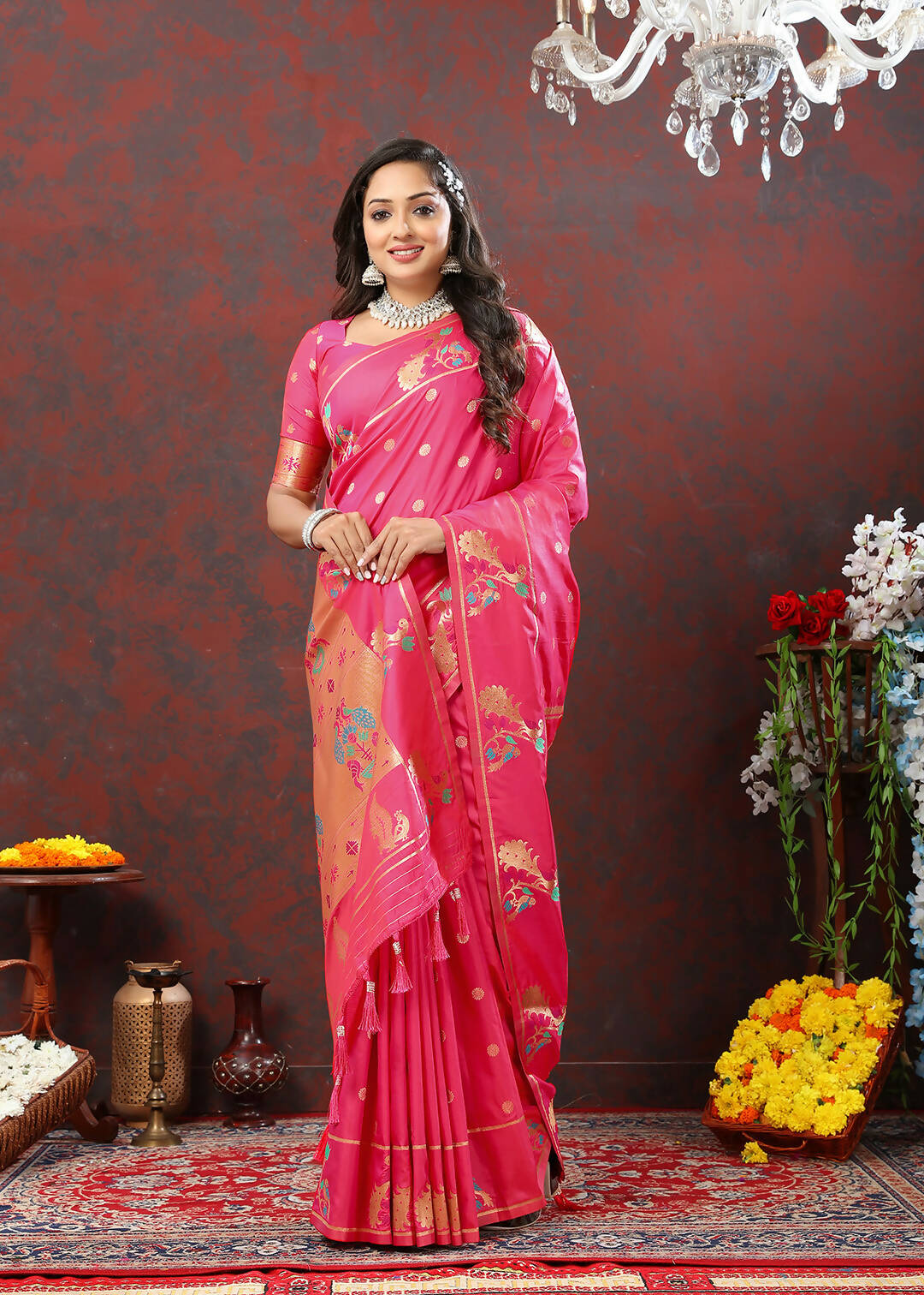 Lorenvalley Fashion Pink Soft Paithani Silk Woven Design Copper Zari Meenakari Weaving Saree - Swadesiicart