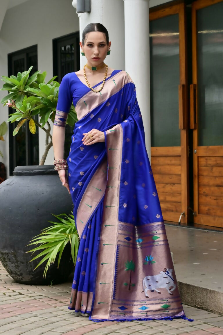 Vishnu Weaves Women's Royal Paithani Silk Zari Woven Saree with Blouse - Swadesiicart
