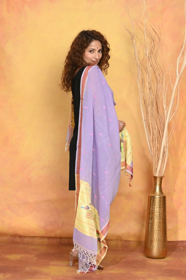 Very Much Indian Handloom Pure Cotton Paithani Dupatta - Lavender | Swadesiicart