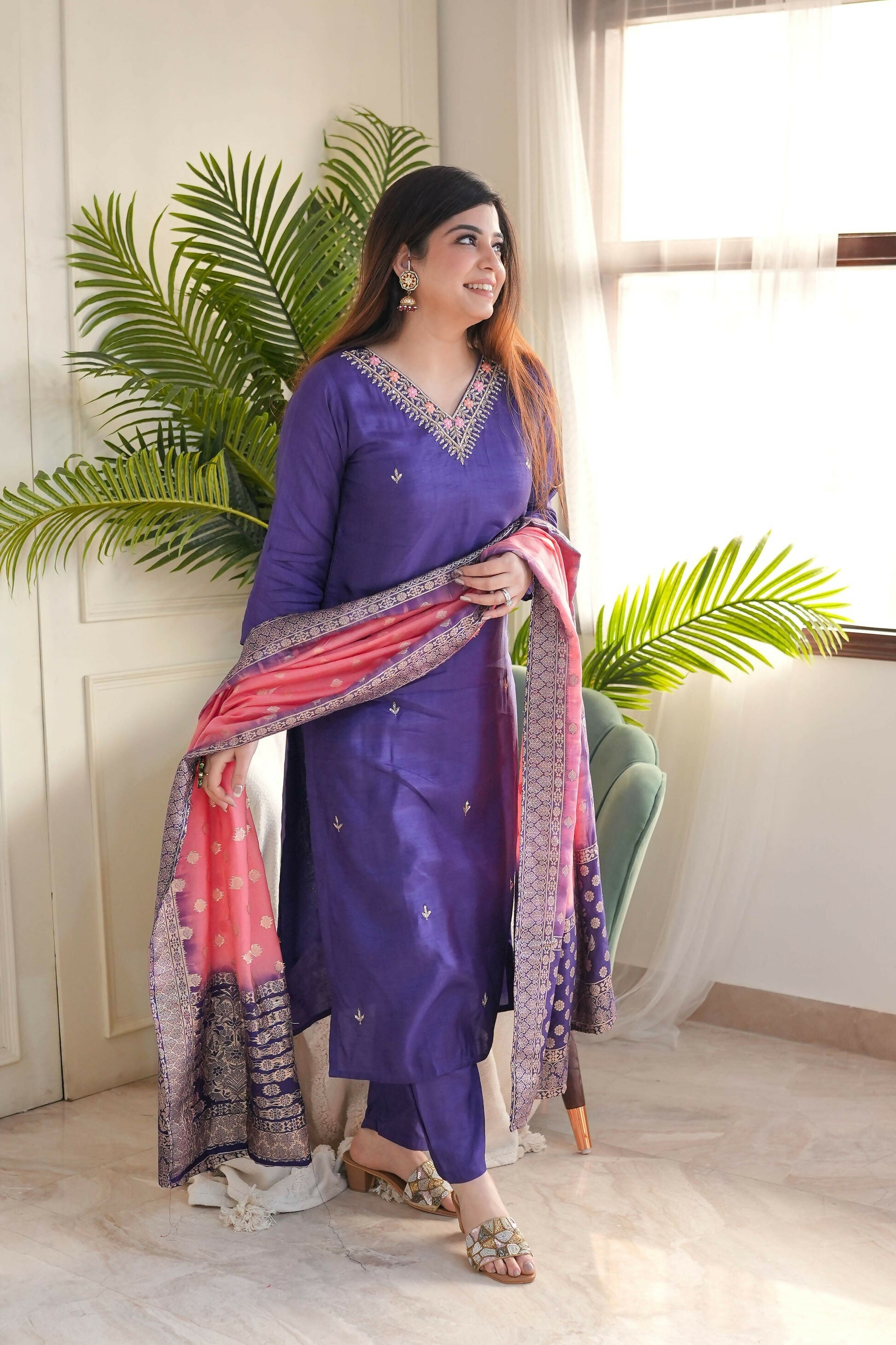 The52 Purple Women's Gorgeous Embroidered Vichitra Fabric Straight Kurta Pant with Dupatta Set - Swadesiicart