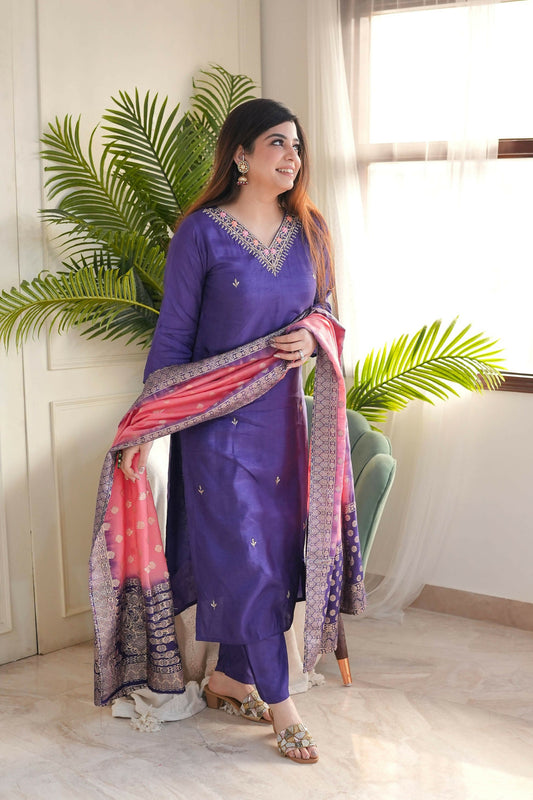 The52 Purple Women's Gorgeous Embroidered Vichitra Fabric Straight Kurta Pant with Dupatta Set - Swadesiicart