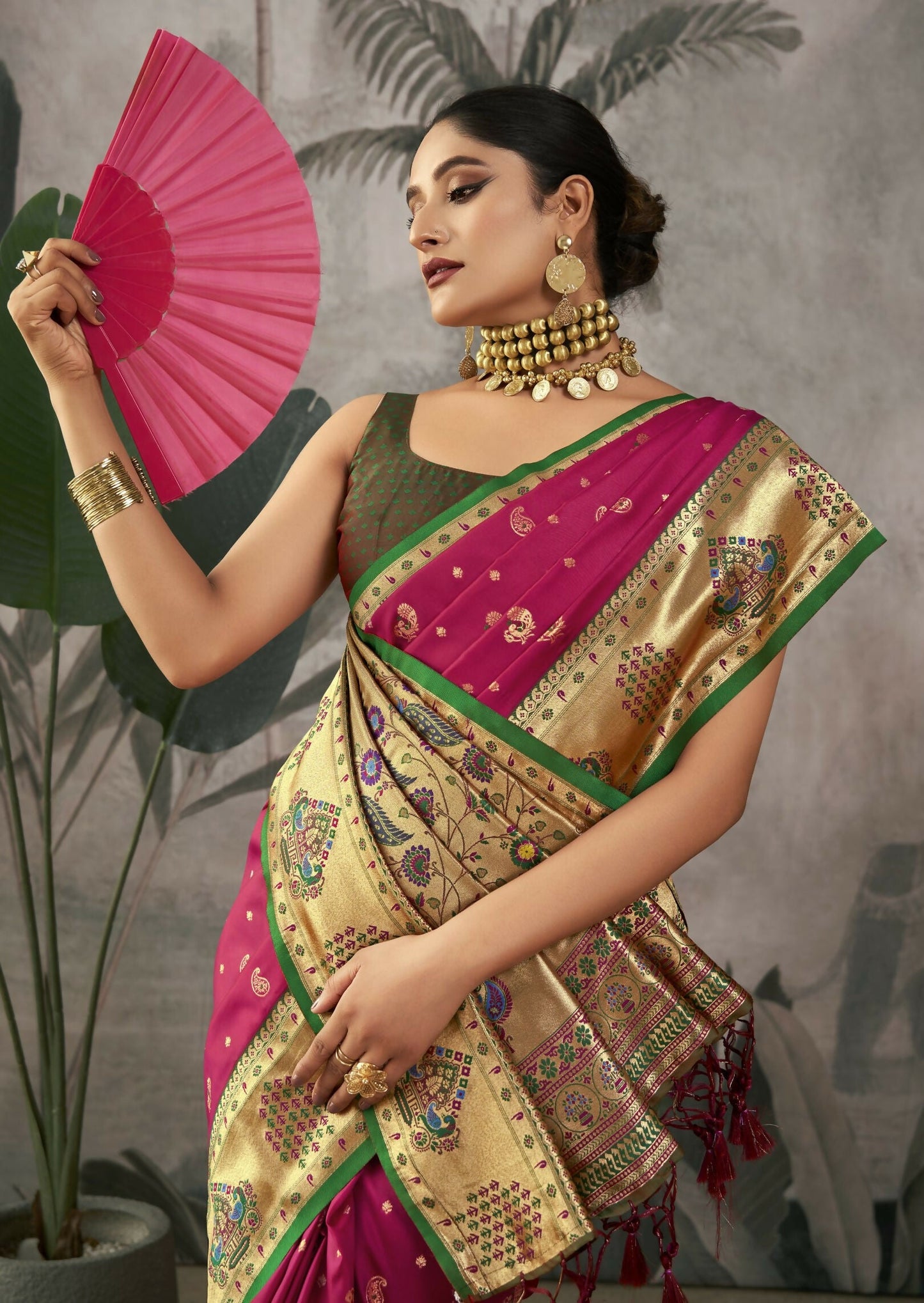 Vishnu Weaves Women's Wine Paithani Silk Saree with Blouse - Swadesiicart