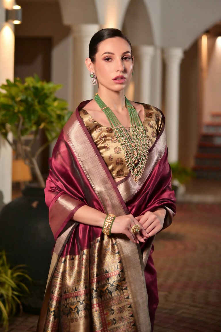 Vishnu Weaves Women's Maroon Soft Tussar Silk Printed Saree with Blouse - Swadesiicart