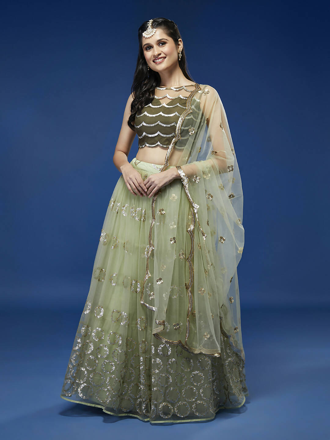House of Panchhi Lime Green Net Embroideried Round Sequins Lehenga | Swadesiicart