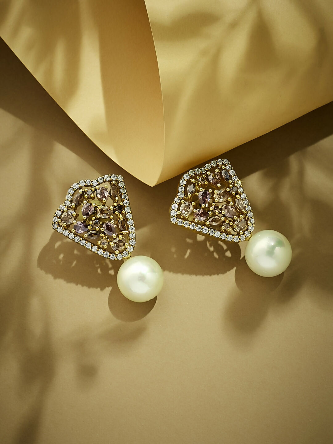 Nuyug 22K Gold-Plated Elegant Zircon Stone Studded & Pearls Drop Stud Earrings | Swadesiicart