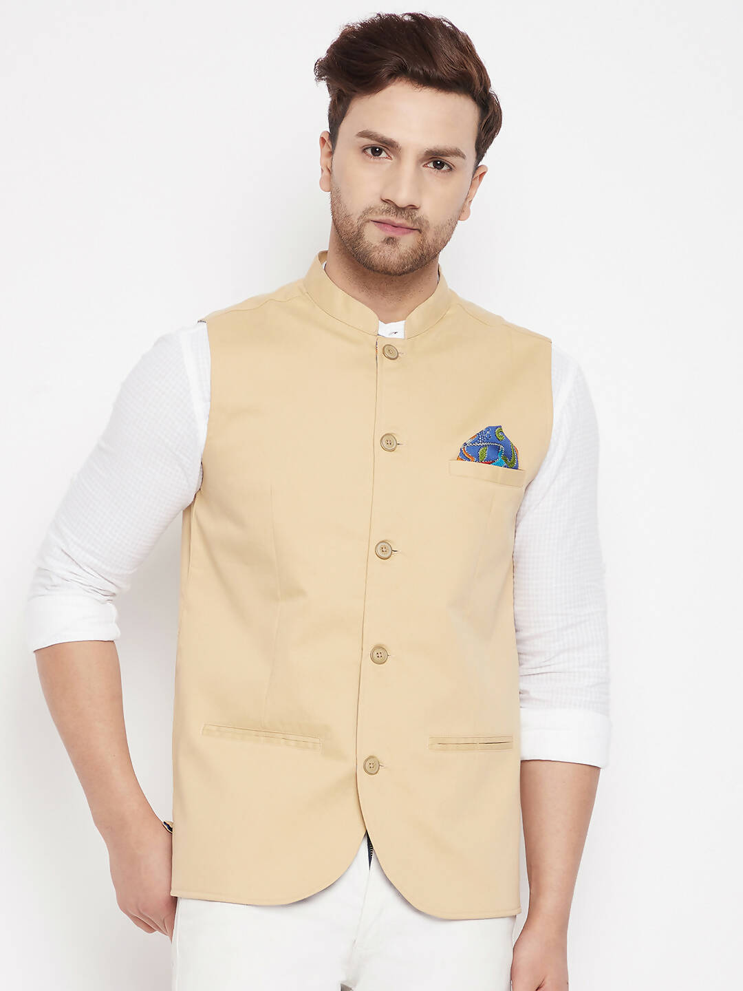 Even Apparels Beige Polyester Men's Nehru Jacket-Contrast Lining-Inbuilt Pocket Square | Swadesiicart