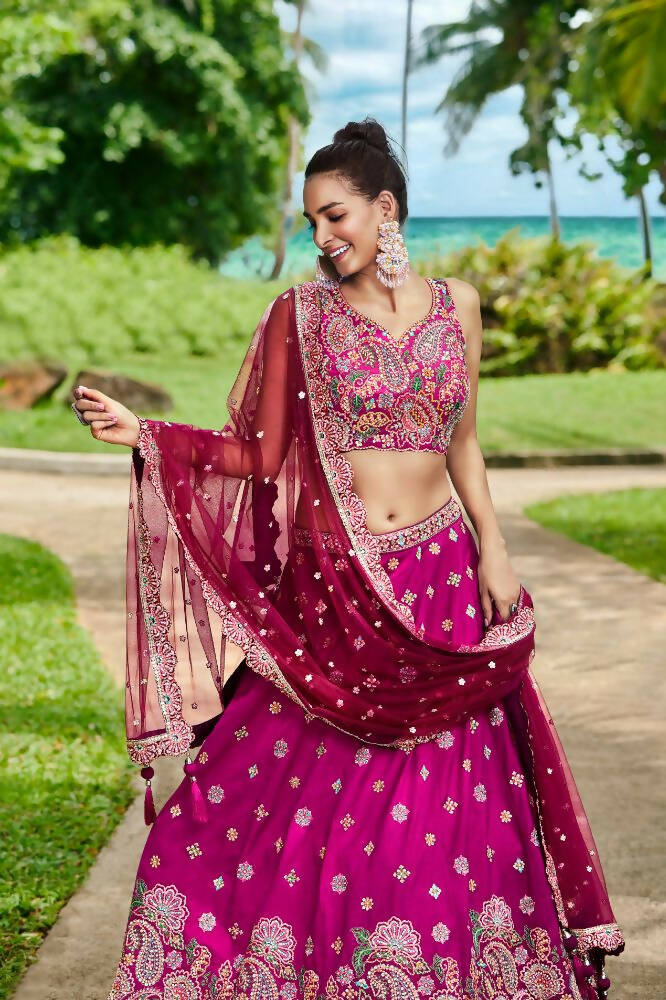 House of Panchhi Burgundy Satin Silk Sequins And Zarkan Embroidery Lehenga Choli & Dupatta | Swadesiicart