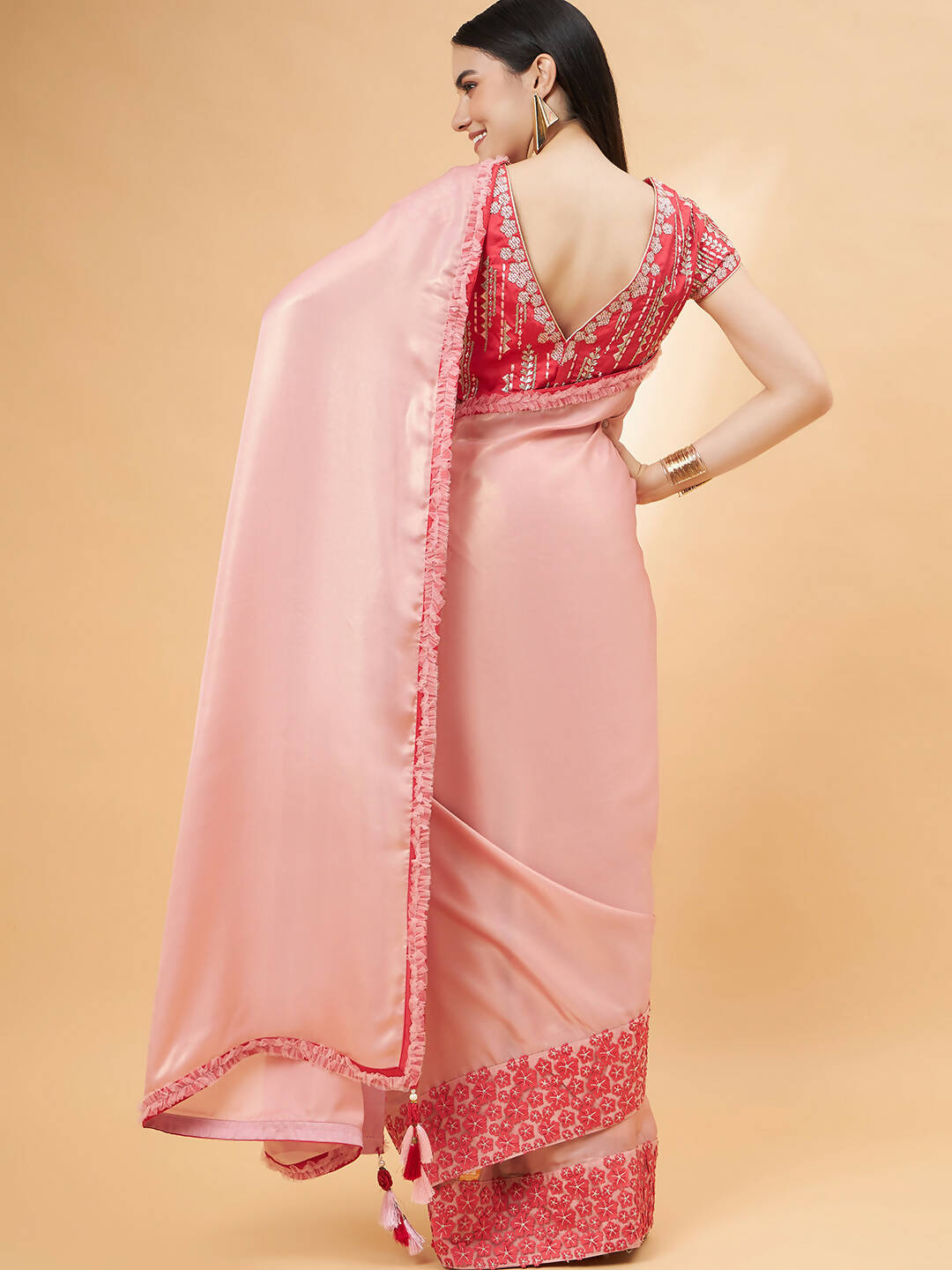 Light Pink Satin Georgette Laser Cut Floral Embroidery , Resham, Zari And Cord Embroidery Saree - Norita Hit Design - Swadesiicart