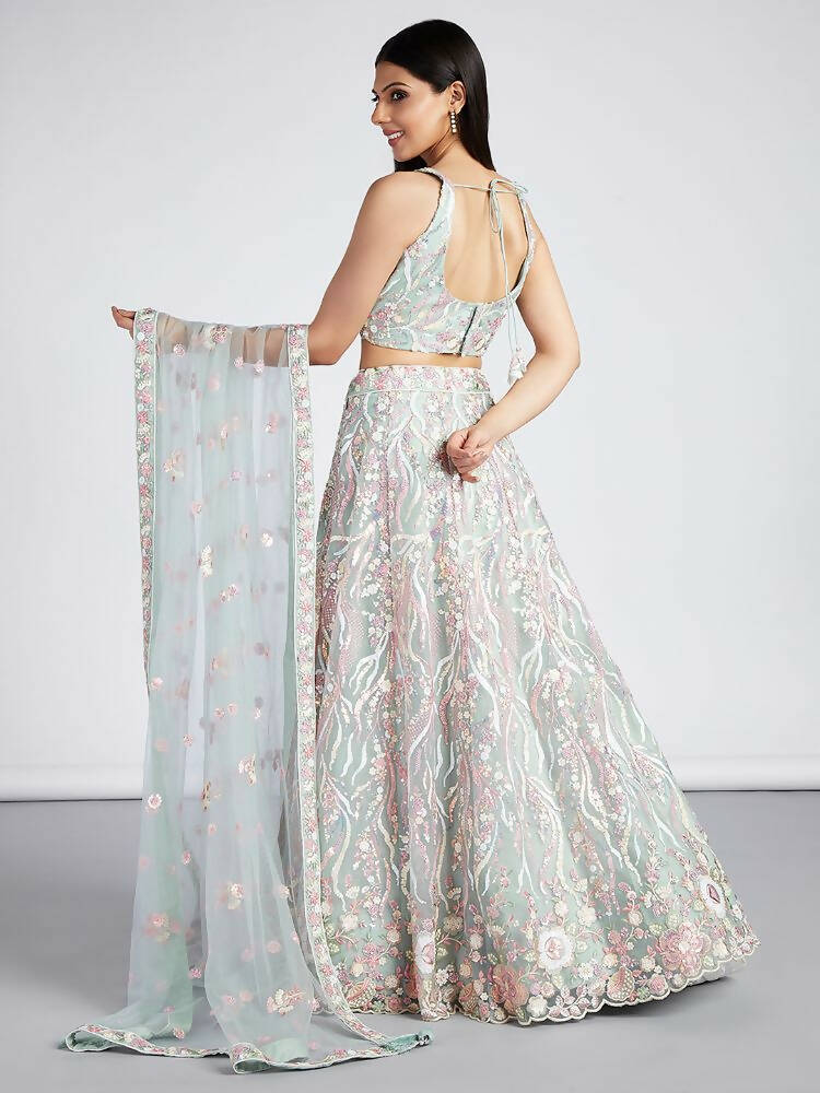 House of Panchhi Lime Green Net Sequins And Thread Embroidery Lehenga Choli & Dupatta | Swadesiicart