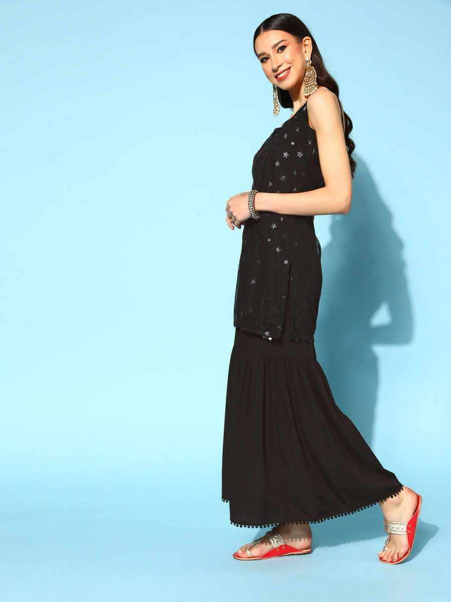 Ahalyaa Women Black Colour Crepe Foil Printed Kurta Sharara Set With Dupatta | Swadesiicart