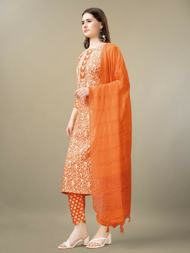 Jyoti Fashion Women's Orange Rayon Embroidery & Sequence work Kurta with Trouser & Dupatta | Swadesiicart