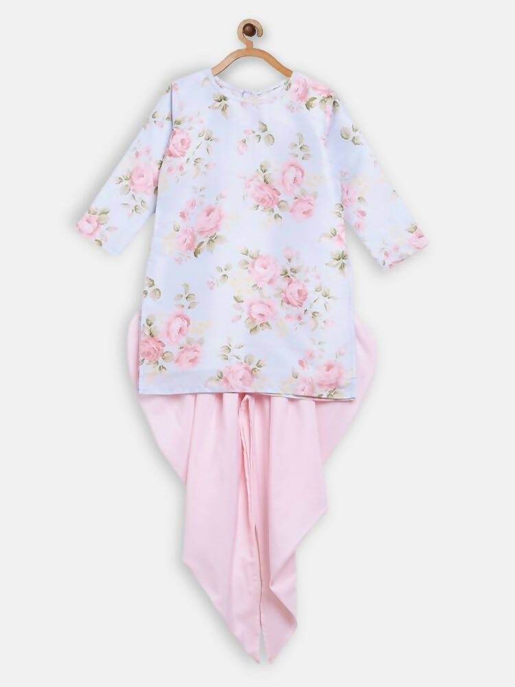Ahalyaa Pink Polysilk Floral Printed Kids Kurta Dhoti Set For Girls | Swadesiicart