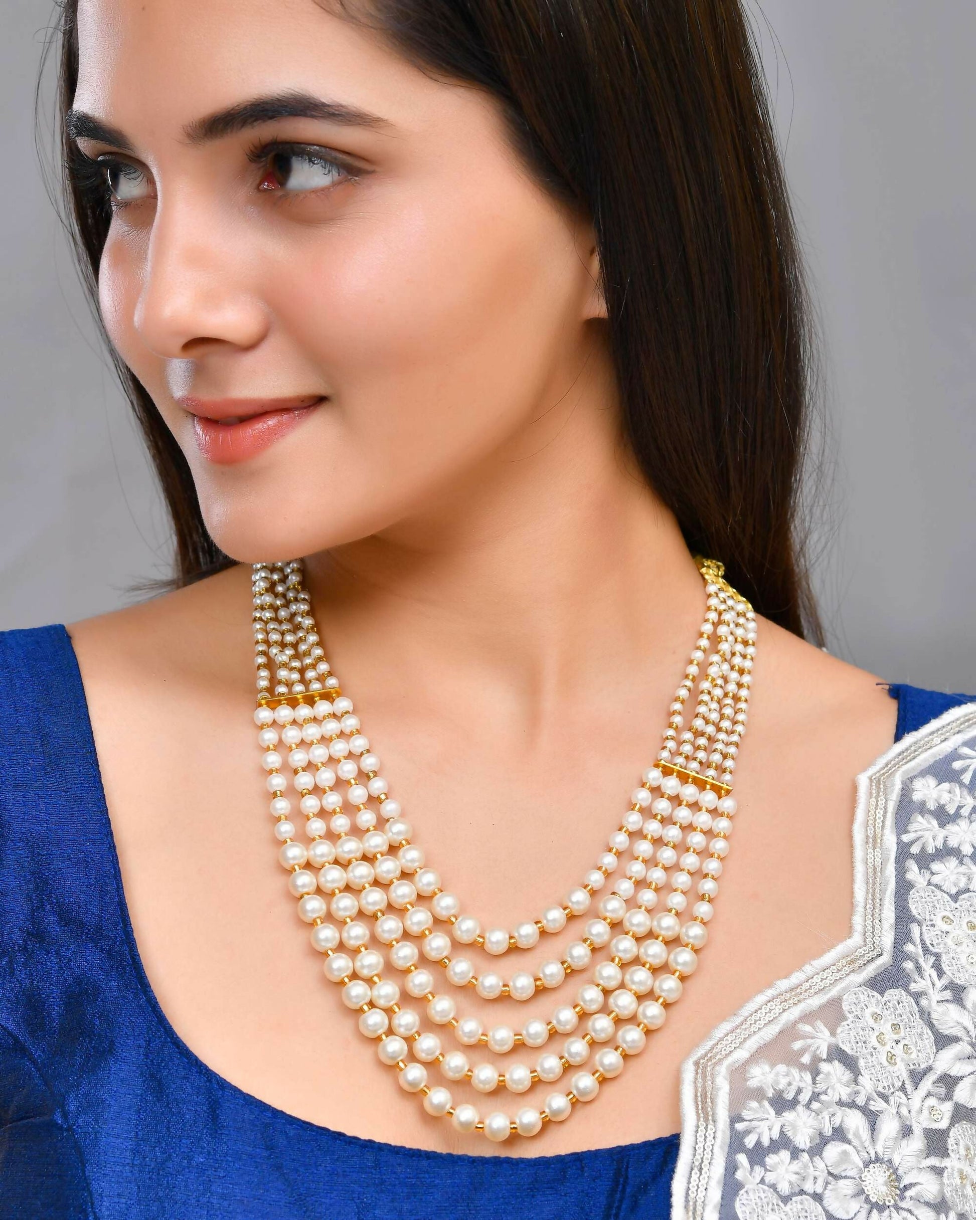 VOJ Gold-Polished Multi Layered Pearl Maharani Necklace | Swadesiicart