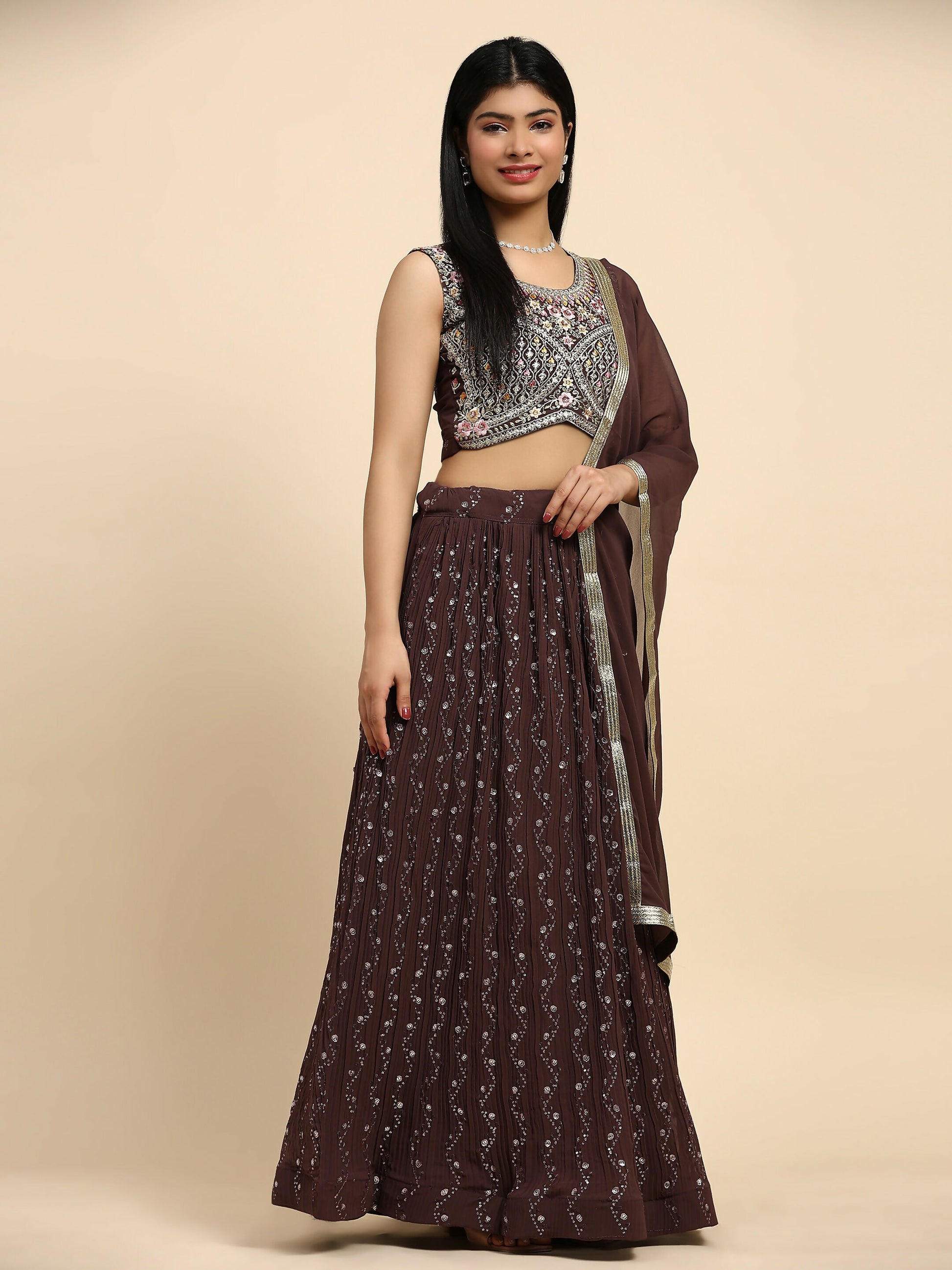 Brown Georgette Embroidered Lehenga choli with Dupatta - Dhara | Swadesiicart