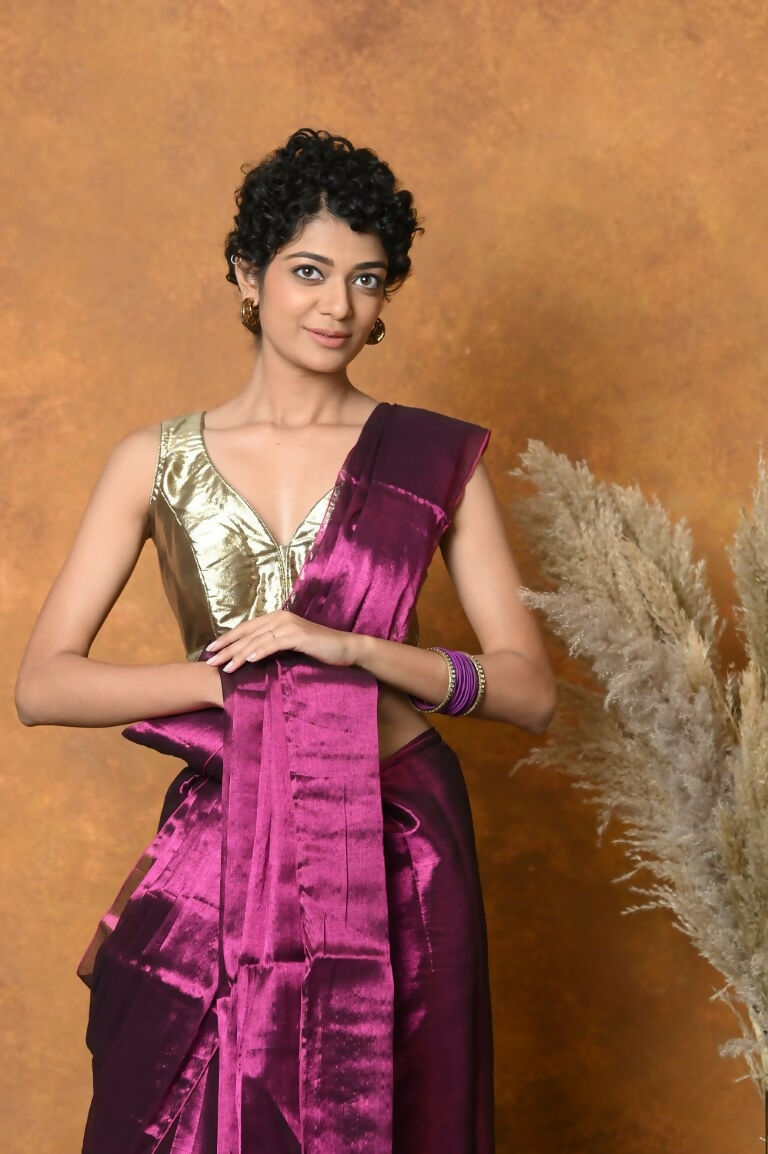 Very Much Indian Fusion Cotton Tissue Shimmer Saree - Maroon | Swadesiicart