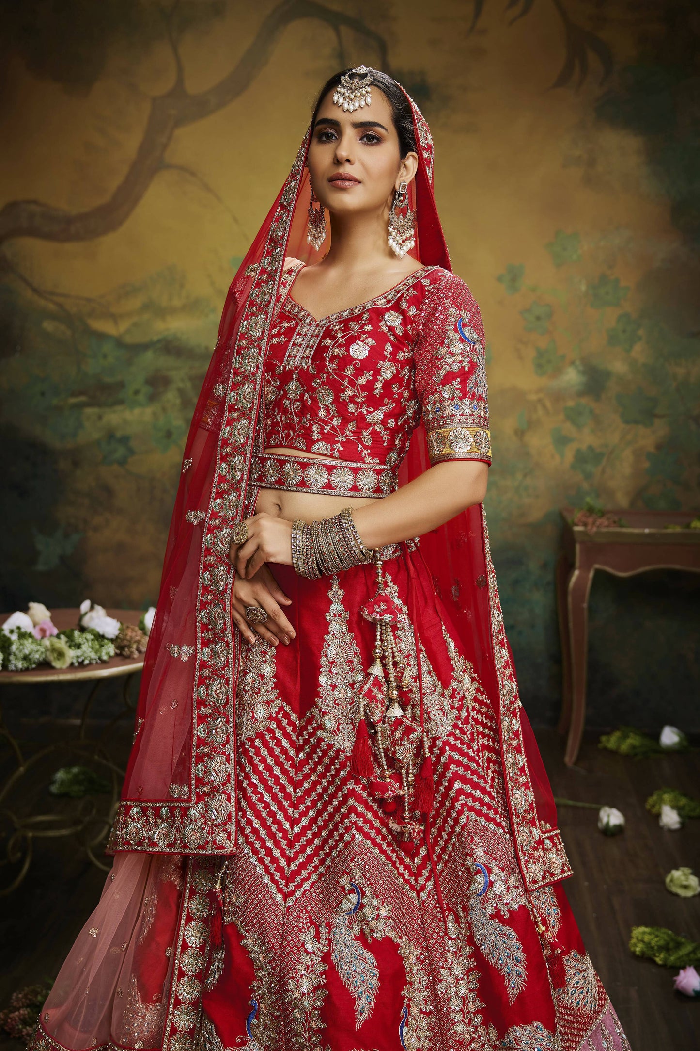 House of Panchhi Red Pure Silk Moti & Zarkan heavy embroidery Lehenga choli & Dupatta | Swadesiicart