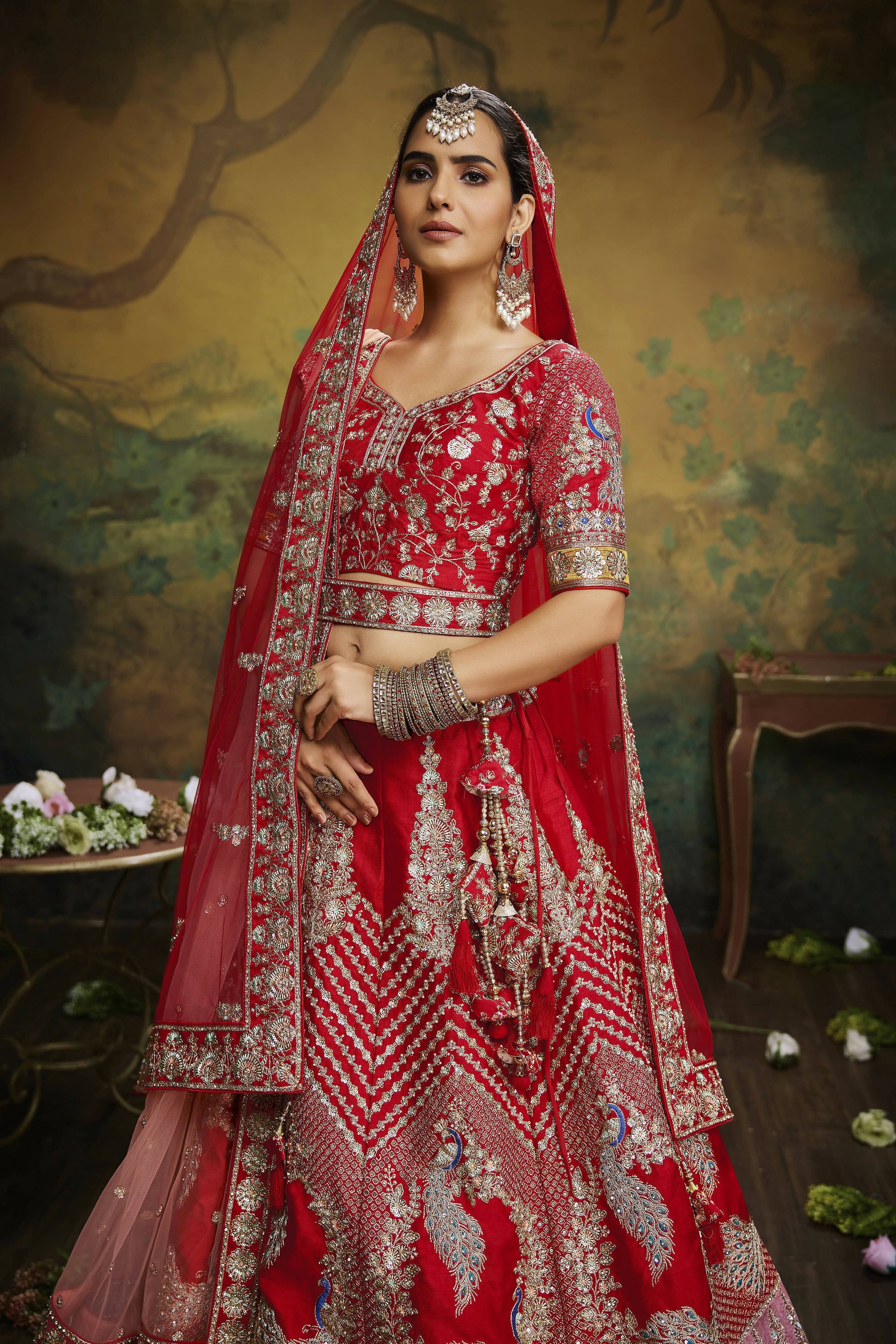 House of Panchhi Red Pure Silk Moti & Zarkan heavy embroidery Lehenga choli & Dupatta | Swadesiicart