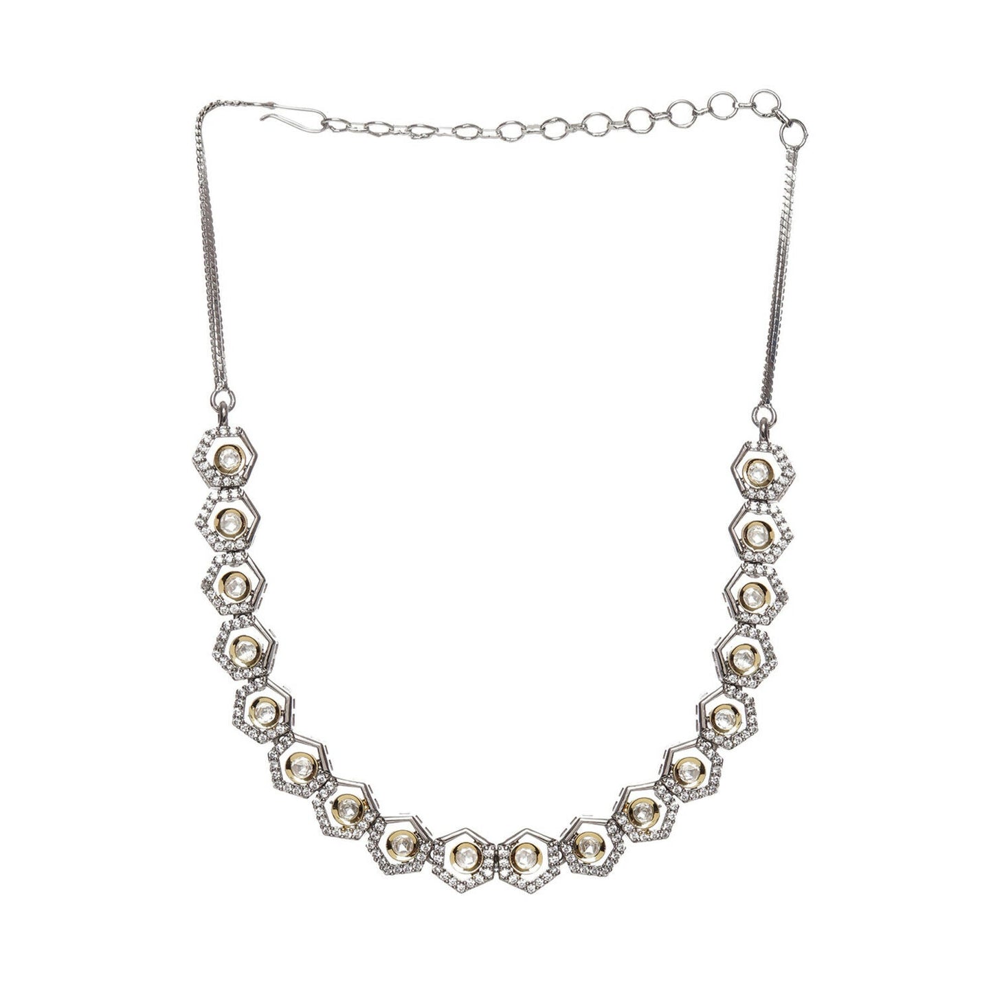Dual Tone Gold and Silver Choker with American Diamonds and Kundan (Silver) - Ruby Raang | Swadesiicart