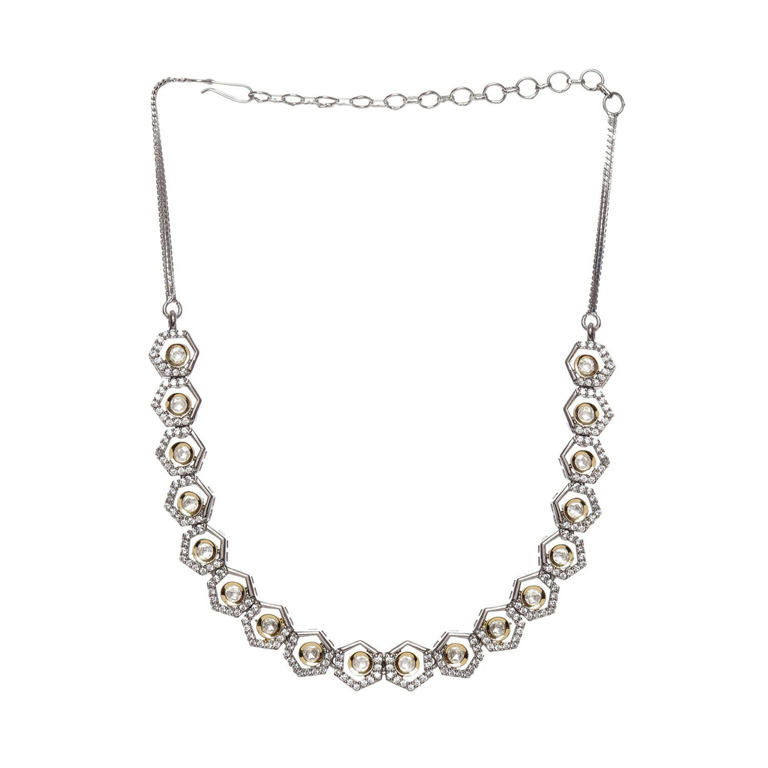 Dual Tone Gold and Silver Choker with American Diamonds and Kundan (Silver) - Ruby Raang | Swadesiicart