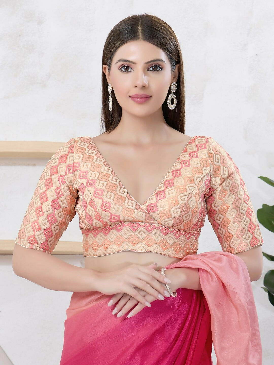 Joban Fashion Gold Brocade Elbow Sleeveless Back Open Blouse - Swadesiicart