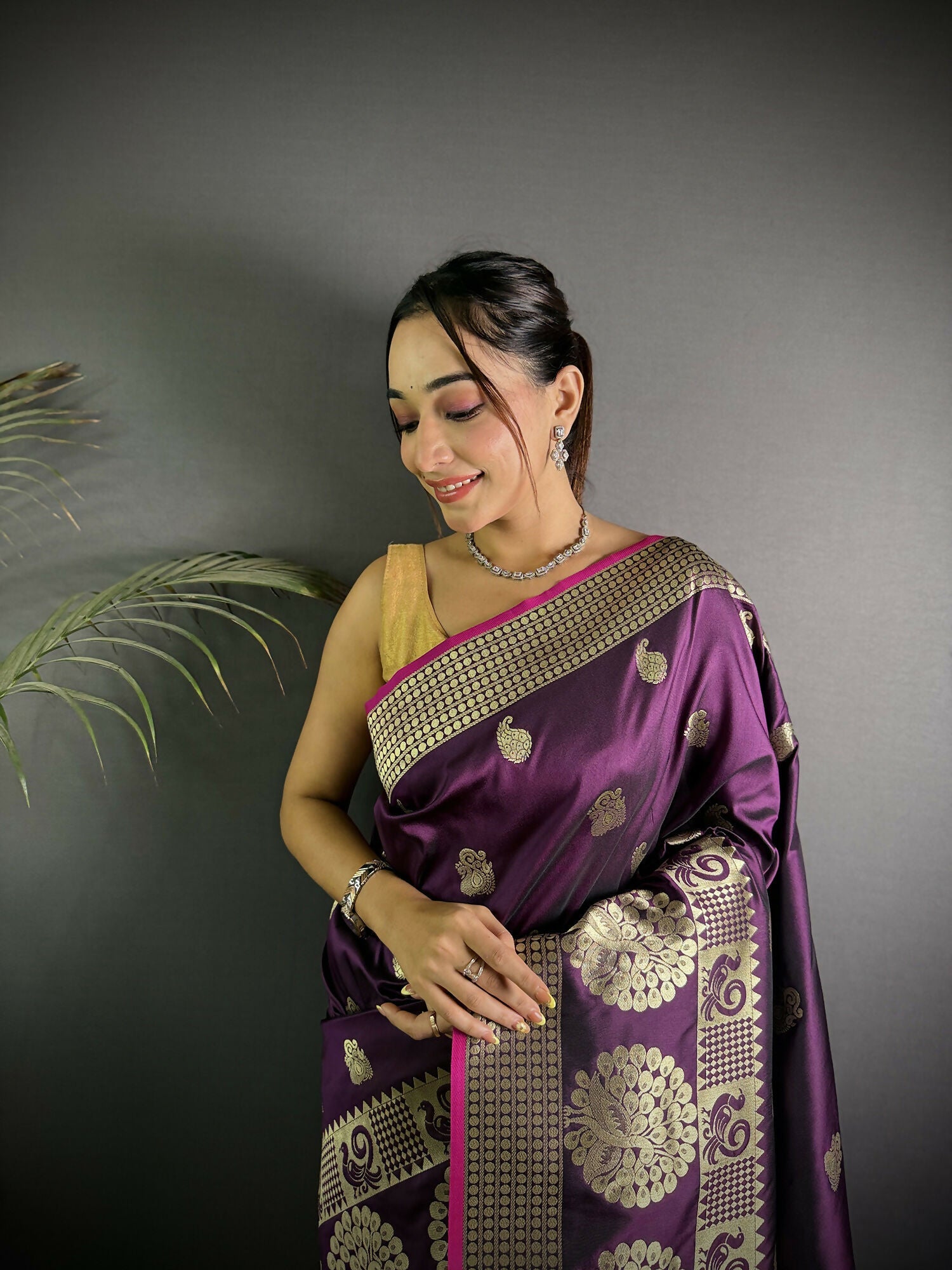 Joban Fashion Wine Banarasi Soft Lichi Silk Paisley Saree | Swadesiicart