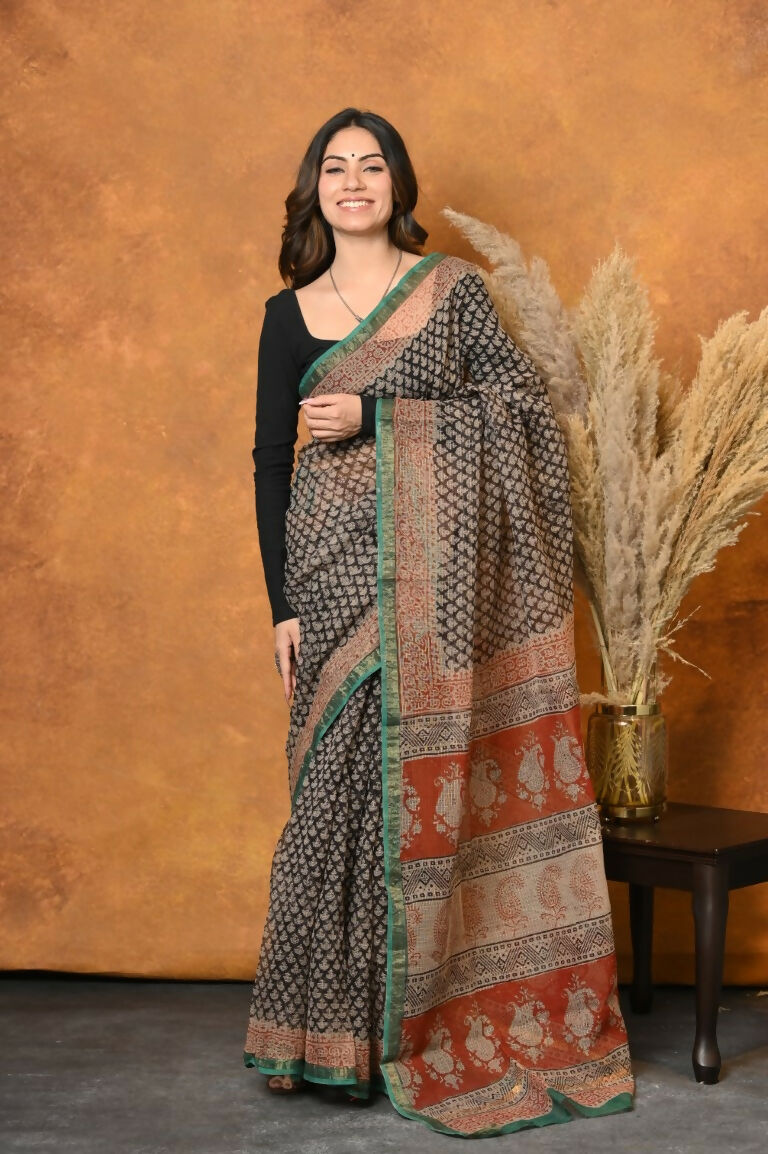 Very Much Indian Handloom Pure Kota Cotton Handblock Printed Saree - Cerulean Print | Swadesiicart