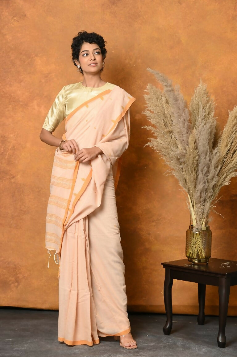 Very Much Indian Handloom Pure Cotton Saree With Sleek Border - Light Peach | Swadesiicart