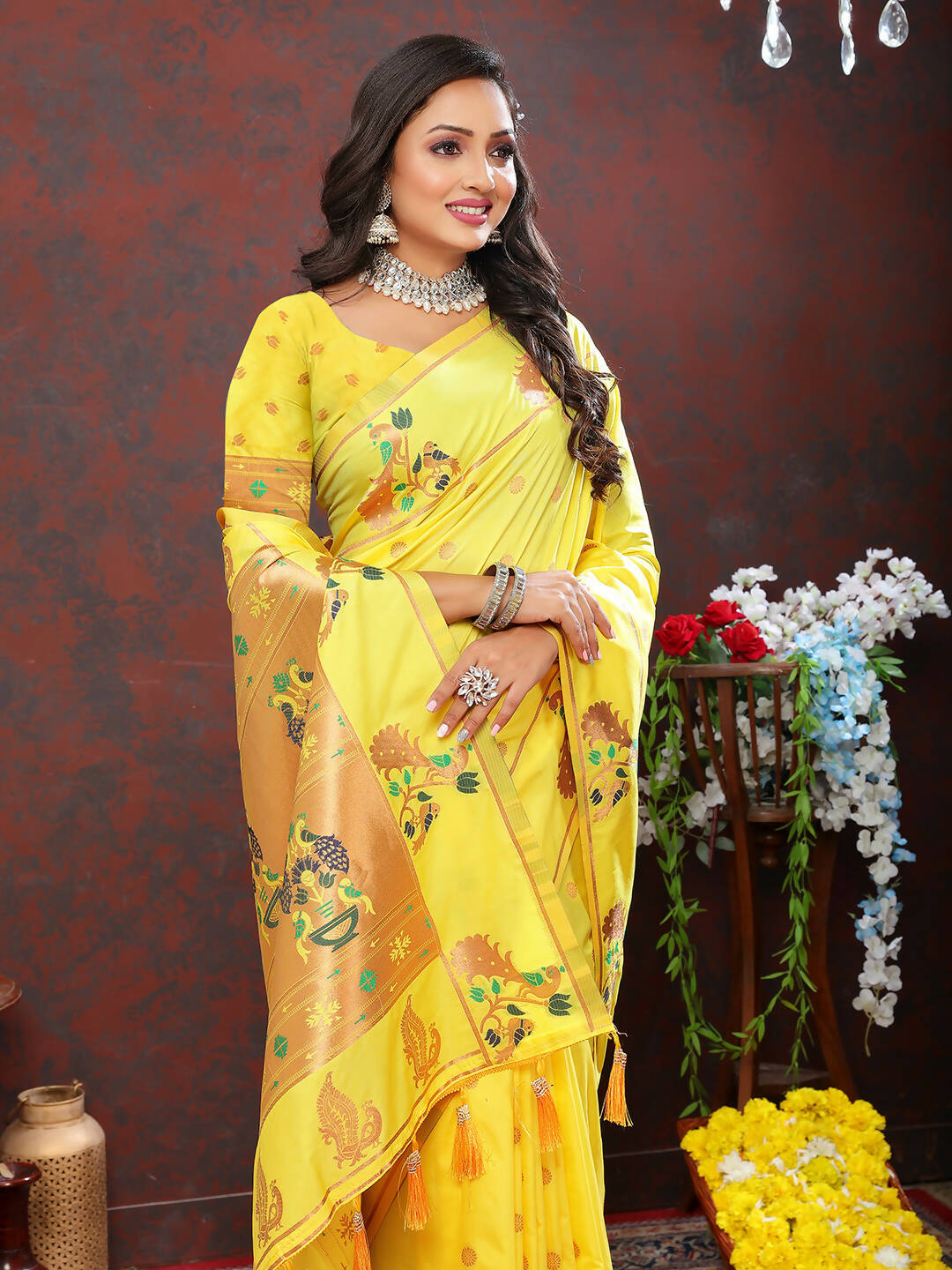 Lorenvalley Fashion Yellow Soft Paithani Silk Woven Design Copper Zari Meenakari Weaving Saree - Swadesiicart