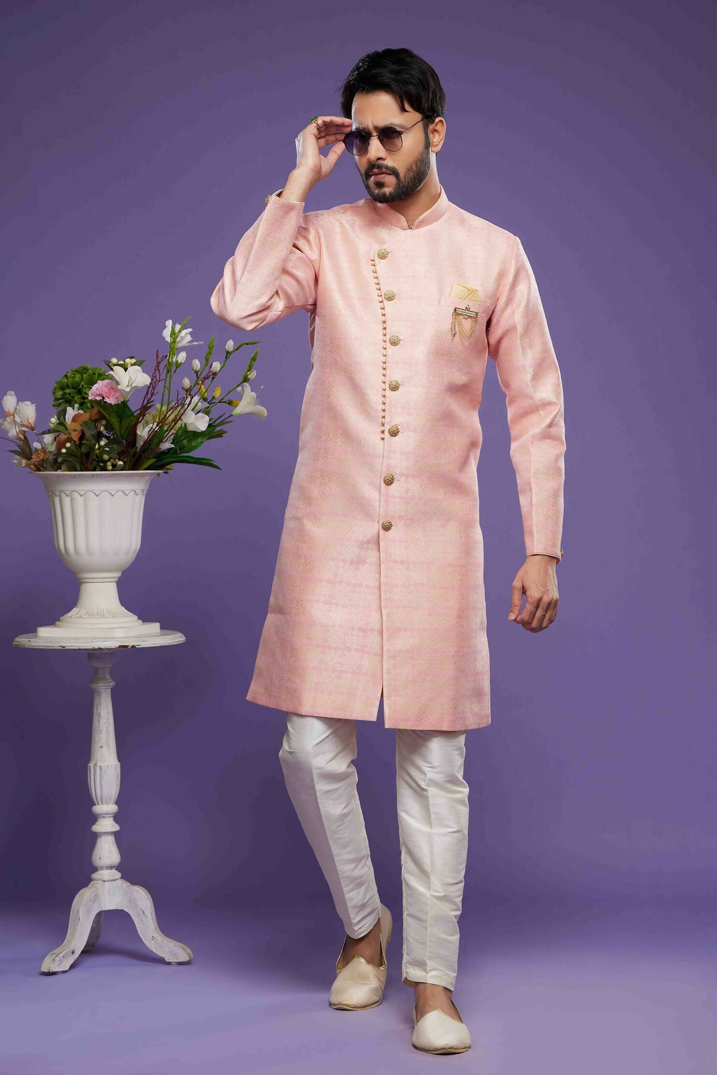 Raivat Ethnic Banarasi Jacquard Embroidery Semi Indo Western Sherwani In Pink Colour | Swadesiicart