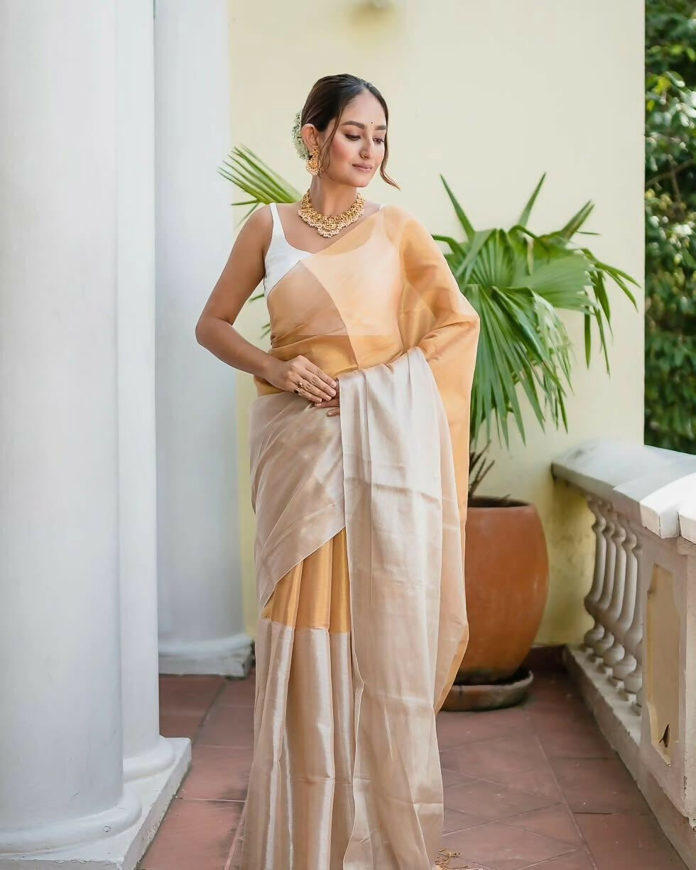 Exclusive Collection Beautiful Pino White Gold Tissue Silk Hand Weaving Handloom Saree With Running Blouse Piece - Swadesiicart