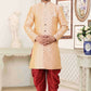 Raivat Ethnic Banarasi Jacquard Embroidery Semi Indo Western Sherwani In Cream Maroon Colour | Swadesiicart