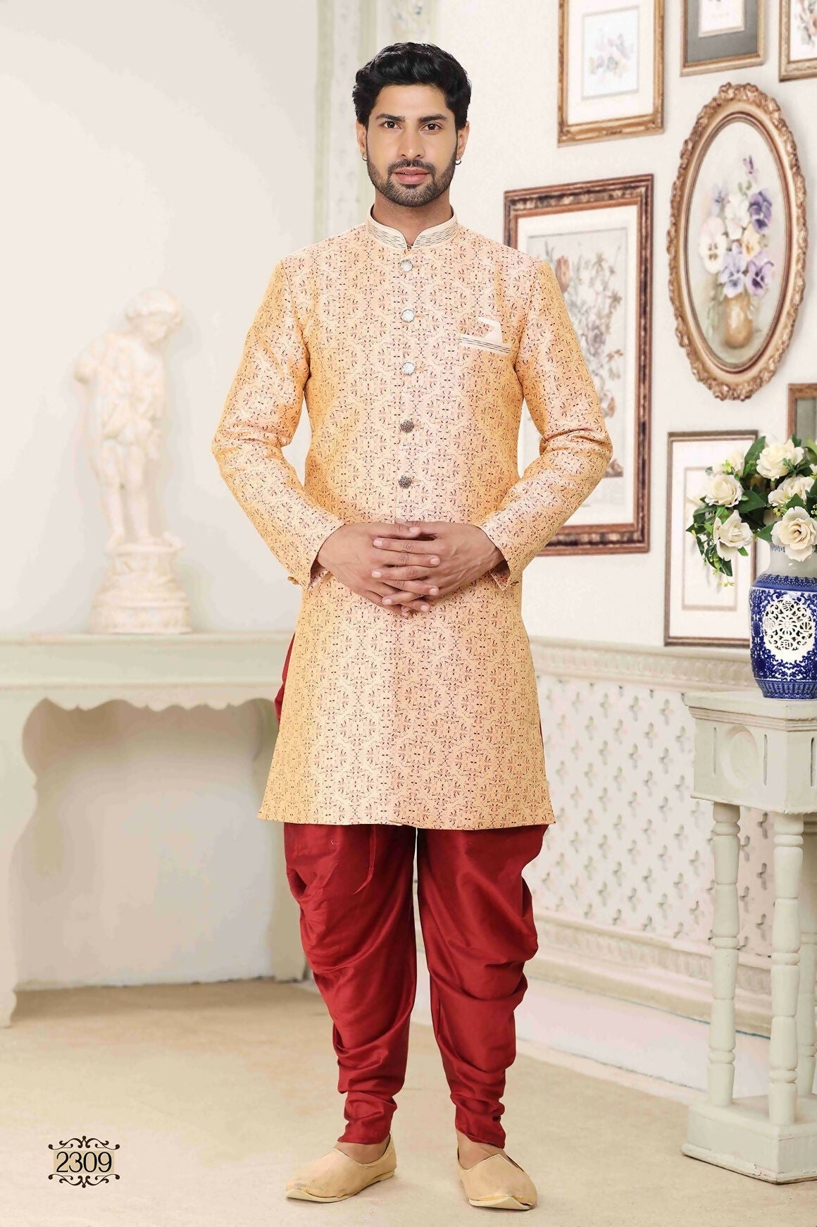 Raivat Ethnic Banarasi Jacquard Embroidery Semi Indo Western Sherwani In Cream Maroon Colour | Swadesiicart