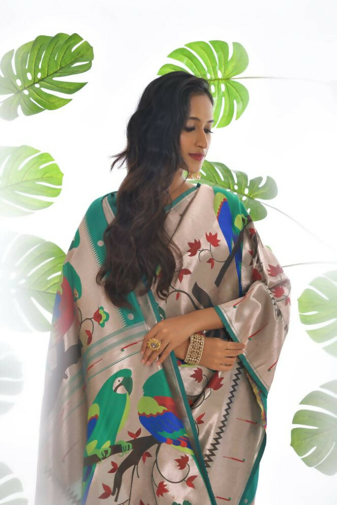 Vishnu Weaves Women's Rama Paithani Silk Zari Woven Saree with Unstitched Blouse - Swadesiicart