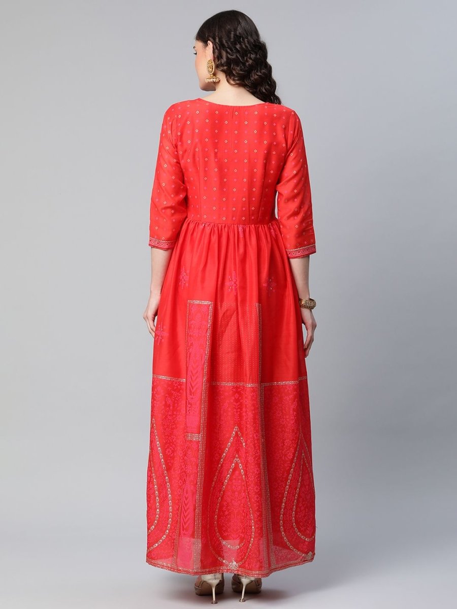 Ahalyaa Women Red Chanderi Khari Printed Dress | Swadesiicart