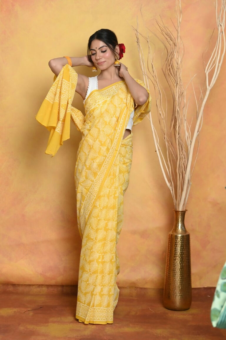 Very Much Indian Handblock Printed Cotton Saree With Natural Dyes - Yellow | Swadesiicart