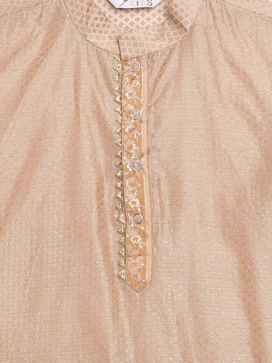 Ahalyaa Boys Beige Poly Silk Gold Printed Kids Kurta Churidar Set | Swadesiicart