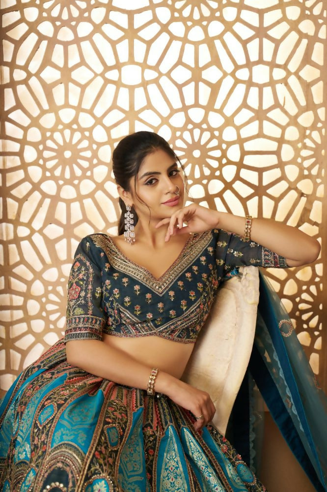 Kesar Fab Blue Banarasi Silk Embroidered Lehenga | Swadesiicart