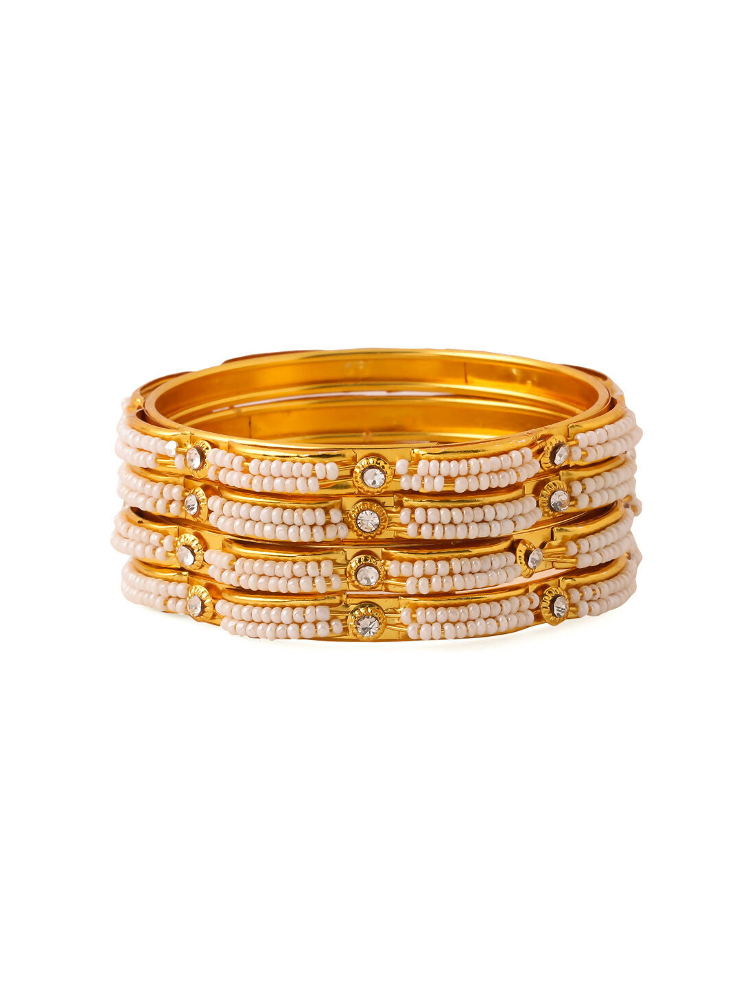 NVR Women's Set of 4 Gold-Polished Traditional Pearls Beaded Bangles - Swadesiicart