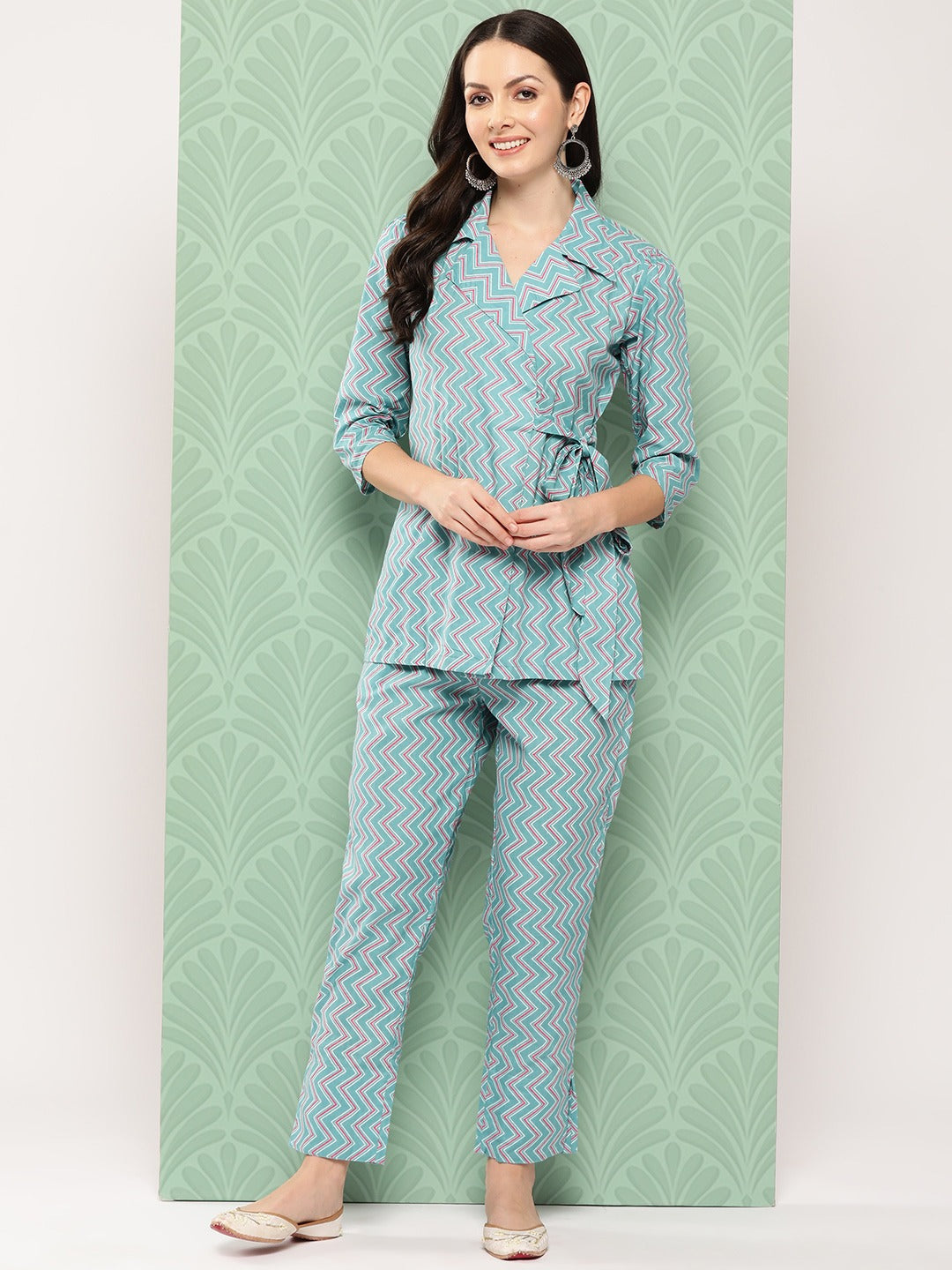Yufta Teal Blue Printed Pure Cotton Top with Trousers - Swadesiicart