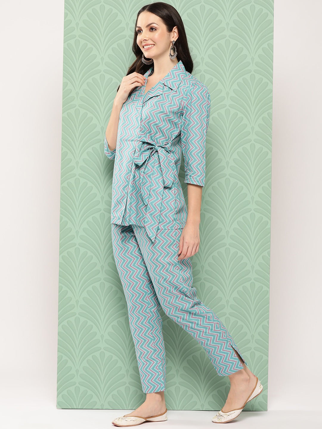 Yufta Teal Blue Printed Pure Cotton Top with Trousers - Swadesiicart
