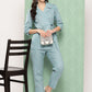 Yufta Teal Blue Printed Pure Cotton Top with Trousers - Swadesiicart