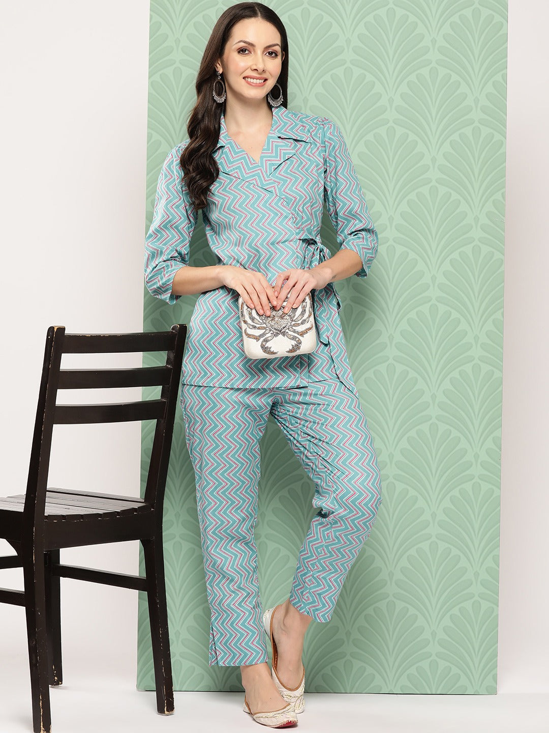 Yufta Teal Blue Printed Pure Cotton Top with Trousers - Swadesiicart