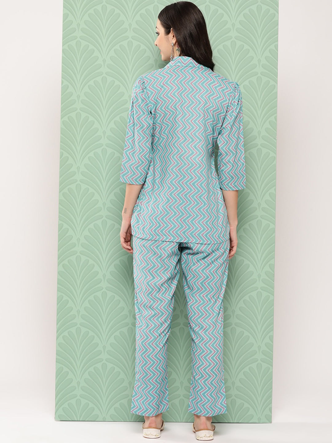 Yufta Teal Blue Printed Pure Cotton Top with Trousers - Swadesiicart