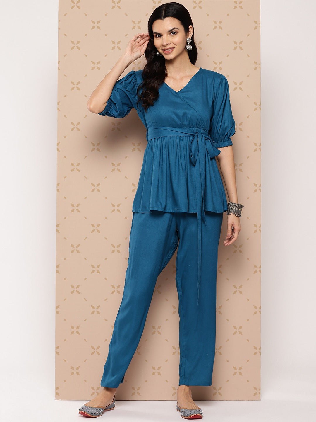 Yufta Teal Blue Solid Pure Cotton Top with Trousers Co-Ords - Swadesiicart