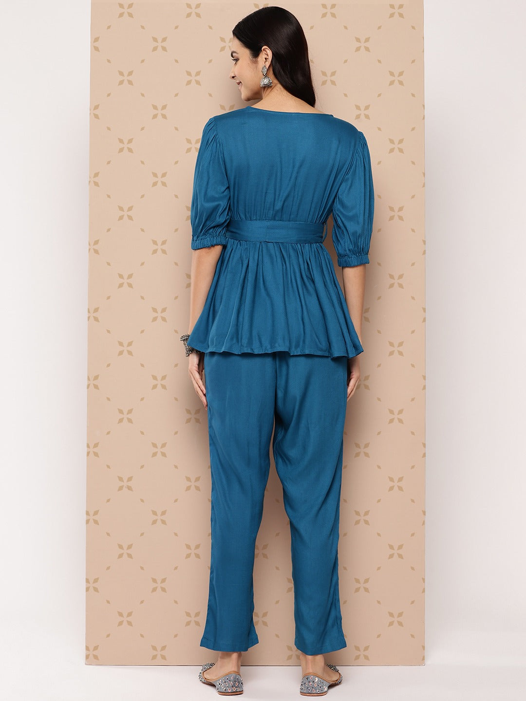 Yufta Teal Blue Solid Pure Cotton Top with Trousers Co-Ords - Swadesiicart