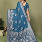 Anaita Teal Blue Zari Butta Work Satin Silk Saree With Blouse