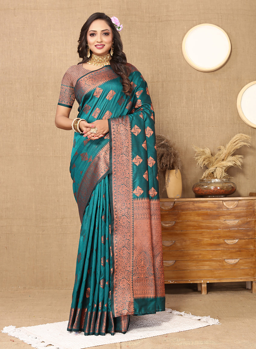 Lorenvalley Fashion Teal Soft Katan Silk Woven Design Copper Zari Weaving Saree - Swadesiicart