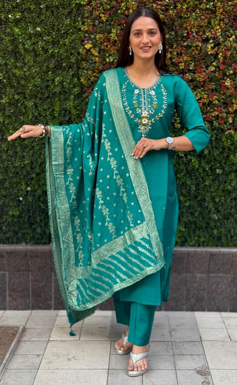 Lorenvalley Fashion Teal Roman Silk Hand Work Kurta Pant with Dupatta | Swadesiicart