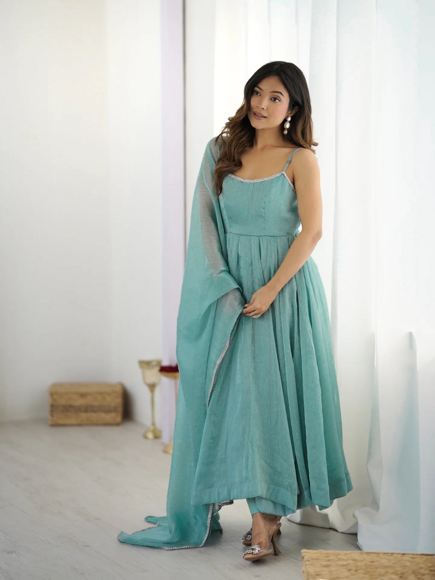 Lorenvalley Teal Crunchy Silk Fabric with Siroski Work Anarkali Pant With Dupatta Set | Swadesiicart