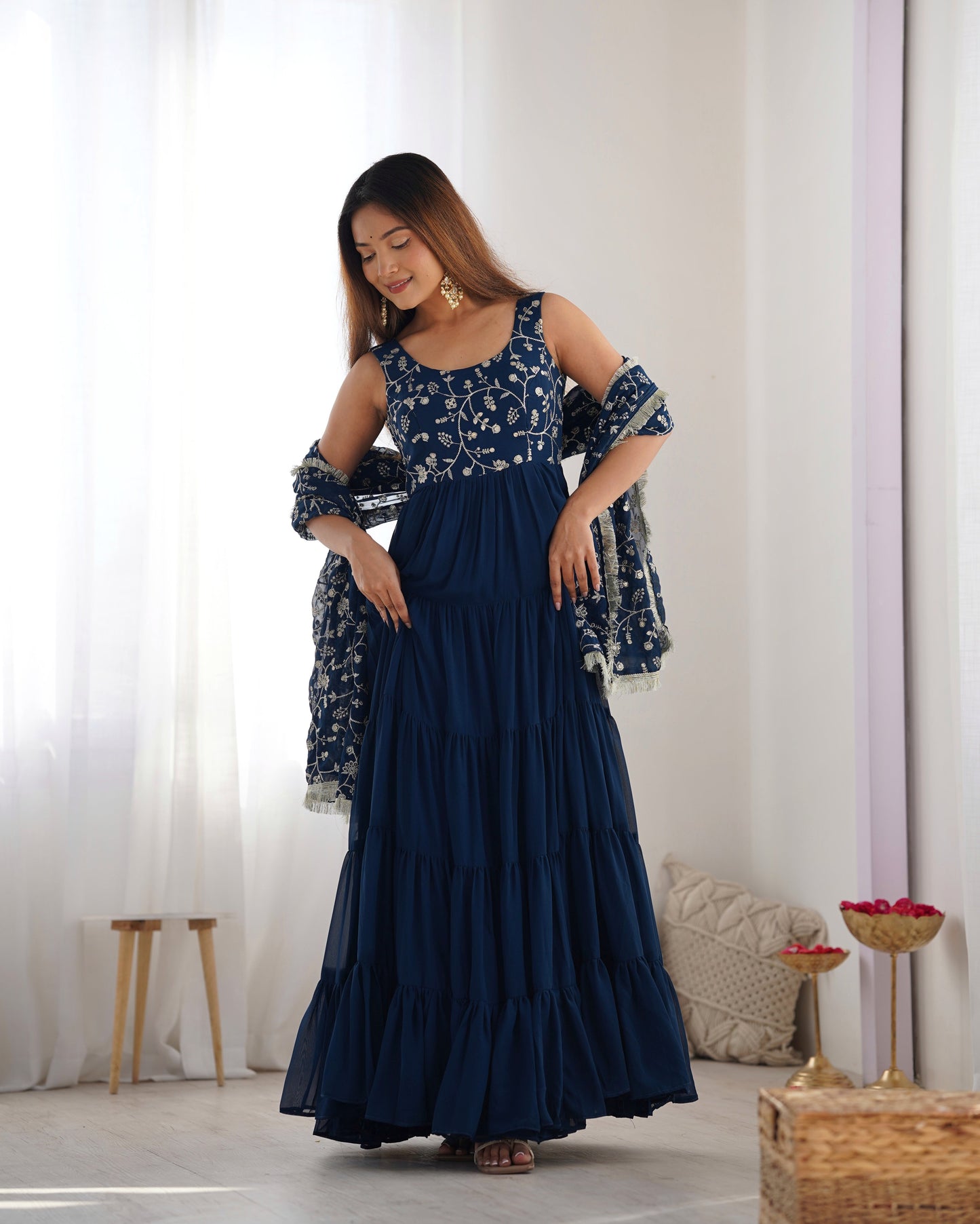 Lorenvalley Teal Faux Georgette Layer Gathering Anarkali Pant With Dupatta Set | Swadesiicart
